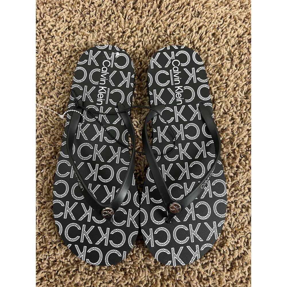 Calvin Klein Logo Flip Flops Black White Thong Sandals Women Size 9-10 Monogram - Picture 5 of 8